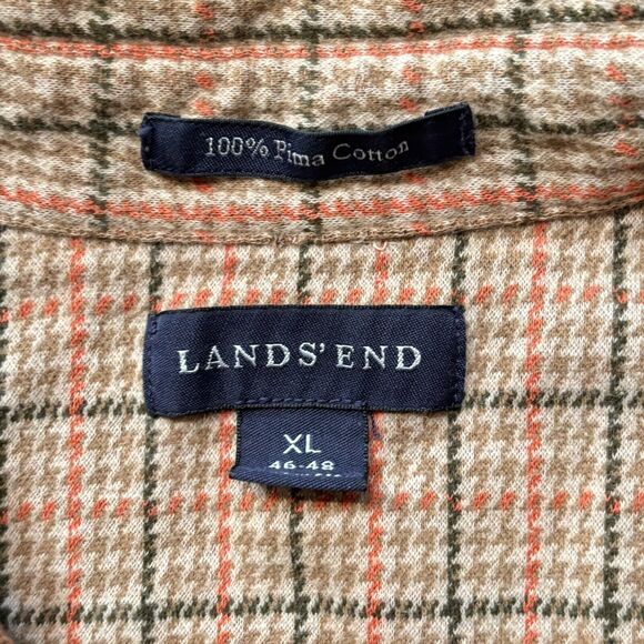 Vintage Lands’ End Tan Houndstooth Button Long Sleeve Polo Elbow Patch Men’s XL* - Picture 3 of 12